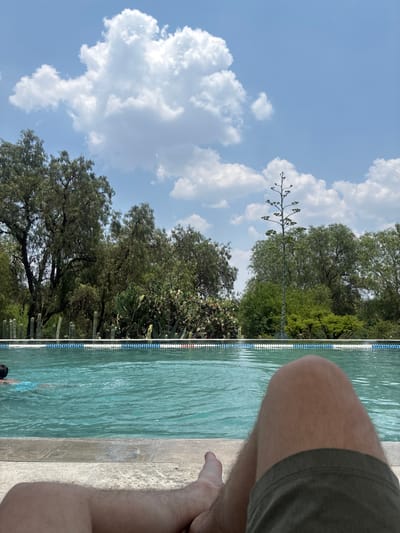 A daytime scene near a swimming pool, potentially in Pueblo Nuevo de Jasso, Mexico, given the presence of the agave plant. The image shows an individual sitting at the edge of the pool with their legs visible. The pool has a blue and white lane divider. The background features lush green trees, some cacti, and a clear blue sky with fluffy white clouds. A tall agave plant is centrally located in the background. Another person appears to be swimming in the pool.