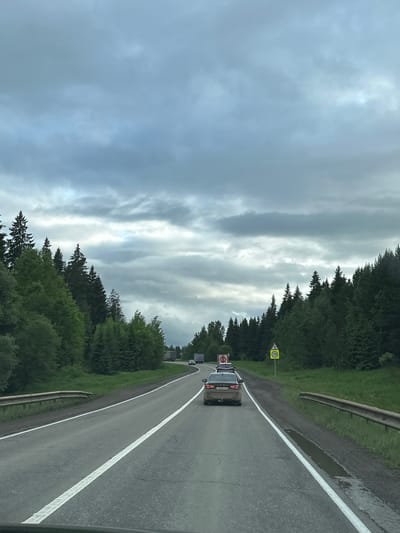 The image shows a road in Meshcheryaki, Russia. Cars are traveling on the asphalt road, which has a white dividing line. A yellow speed limit sign is visible on the side of the road, along with green trees and a metal guardrail. The sky is overcast with gray and white clouds.