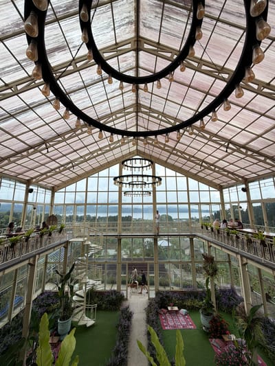 A low-angle, slightly rotated indoor shot shows a greenhouse with metal supports and large glass windows and roof panels. Two large circular chandeliers hang from the ceiling, each adorned with multiple Edison-style light bulbs. Through the windows, a body of water and distant trees are visible. Along the right side of the image, inside the greenhouse, is a seating area with white furniture and ornate metal railings. Greenery, including potted plants and flowering bushes, decorates the space. A small pathway leads past the seating area, where a person is walking a dog. Another person stands by the windows further in the distance. Rugs are laid out on patches of artificial green turf. The scene appears to be taken in the Ulun Danu Beratan Temple gardens in Candikuning, Indonesia.