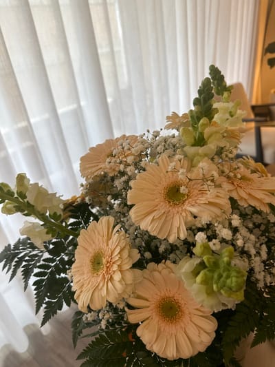 A floral bouquet is centrally positioned in the foreground, against an indoor backdrop in Ericeira, Portugal. The arrangement comprises multiple light peach Gerber daisies, each featuring a greenish-yellow center. Interspersed among these are numerous small white Gypsophila flowers and several light green, spiky floral elements consistent with snapdragon buds. Dark green fern fronds are visible beneath and among the flowers. The background consists of translucent white curtains, likely over a window, allowing diffused light into the scene. A blurred dark object or reflection is discernible on the right side of the background. No individuals or active interactions are present.