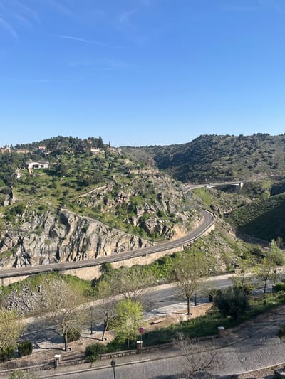 The image presents an elevated panoramic view of the Tagus River valley surrounding the city of Toledo, Spain, specifically featuring a section of the Ronda del Valle road. The scene is dominated by undulating, scrub-covered hillsides punctuated by exposed grey rock formations under a clear, light blue sky with faint wispy clouds.
A two-lane asphalt road, the Ronda del Valle, snakes through the mid-ground, tracing the contours of the valley. This road is bordered by a light-colored stone retaining wall and shows white dashed lane markings. Several vehicles, including both light and dark-colored cars, are present on this road, indicating active traffic flow. A single, faint human figure (possibly a pedestrian or cyclist) is visible on the far right edge of this winding road segment. Further in the distance, a multi-lane concrete bridge crosses a deeper part of the valley, supporting additional vehicle traffic.
On the left hillside, numerous scattered residential buildings with light facades and terracotta roofs are visible, nestled among the vegetation. A prominent white-walled house with a red-tiled roof and visible exterior steps stands out on the mid-left slope. A small, reddish-brown stone structure resembling a tower or chapel is situated on a rocky outcrop on the left side, adjacent to the winding road.
The hillsides are extensively covered with dense green scrub, bushes, and scattered evergreen trees. The foreground features a lower paved and dirt path area with several mature trees (some deciduous with nascent foliage, others bare), casting shadows. Streetlights, a red circular "No Parking" sign, a dark grey waste bin, and a light-colored bench are visible along this foreground path. The scene is well-lit by direct sunlight.
