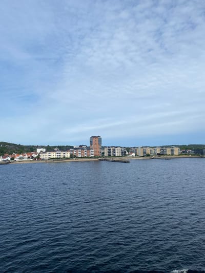 The media file depicts a scenic view of the coast in Larvik, Norway. The image is oriented vertically, with the sky occupying the left half and the sea and shoreline on the right. Wispy white clouds are scattered across a pale blue sky, suggesting it is daytime. The sea is a deep blue, with a textured surface indicative of gentle waves.
Along the shoreline, a series of buildings is visible. These range from modern, multi-story apartment complexes to smaller houses with red-tiled roofs, nestled amongst lush green trees that cover the rolling hills. A pier or jetty extends into the water from the shore, serving as a docking point. The architecture suggests a developed urban or suburban area situated next to the water. The overall atmosphere is serene and picturesque, capturing a typical coastal day in a Norwegian town. No people are prominently visible, and the focus is on the natural landscape and the built environment.