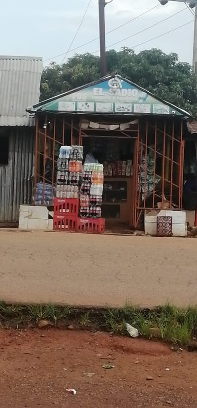 This is a medium shot, eye-level, outdoor, natural light photograph of a small roadside market stall located in Kassa Market, Nigeria. The stall is constructed of metal bars and has a green and blue awning with the name "EL-SADIQ" in large letters. Displayed prominently in front of the stall are stacked crates of beverages, including red crates of bottled drinks and plastic bottles in shrink-wrapped cases of assorted brands. To the left of the stall, a corrugated metal structure is visible. The ground in front of the stall is a paved road, with a strip of grass and dirt bordering it. In the background, lush green trees provide a natural backdrop. The sky is overcast. There are no people clearly visible in the image.