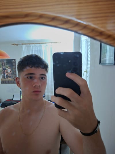 The image is a mirror selfie taken indoors, featuring a young man. He appears to be in his late teens or early twenties, shirtless, with short, dark, curly hair. He wears a thin gold chain around his neck and a black wristband on his right wrist. He is holding a dark-colored smartphone, with visible camera lenses, in his right hand to capture the reflection. His expression is neutral as he looks directly at the camera.
The mirror's frame, made of a light brown, possibly wooden or rattan material, is visible on the left side. In the background reflection, a window with white blinds or venetian blinds allows daylight to enter, indicating it is daytime. Outside the window, some greenery and part of the sky are visible. A poster featuring two individuals is affixed to the wall behind the subject. Hints of other room items, including a reddish-orange object and a red and black item, are also faintly reflected. The image itself is rotated 90 degrees counter-clockwise. There is no legible text visible in the image. The location context for this media file is Nikopol, Bulgaria.