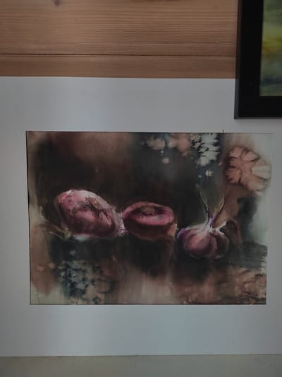 This is a photograph of a watercolor painting of onions. The painting is matted in white and framed with a black border, which is partially visible on the right side of the image. The background of the painting is dark and moody, with shades of brown and grey. The onions are depicted in shades of pink and purple, with highlights of white. One of the onions has a stem and leaves attached, suggesting it is a whole bulb of garlic. The painting appears to be displayed on a wall in a room with a wooden panel above it. There are no people visible in the image. The location provided, Бярэзінскі сельскі Савет, Belarus, is a rural administrative unit and does not describe a specific indoor setting.