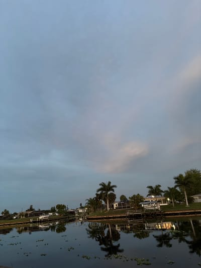 This image depicts a tranquil canal scene in North Port, Florida, USA, during twilight. The sky is a gradient of soft blues and grays, with hints of pink and white clouds. Palm trees line the canal bank, interspersed with residential homes featuring screened-in porches. Several boats are docked along the piers, their reflections shimmering on the still water. Water lilies and other aquatic plants dot the surface of the canal. The scene conveys a peaceful evening atmosphere.