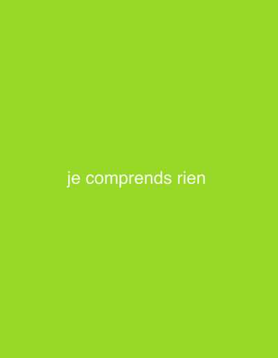 A bright green square dominates the image. Toward the lower-center, the phrase "je comprends rien" appears in white, lowercase letters. The text is simple and direct, contrasting with the vibrant background. The overall composition is minimalist.