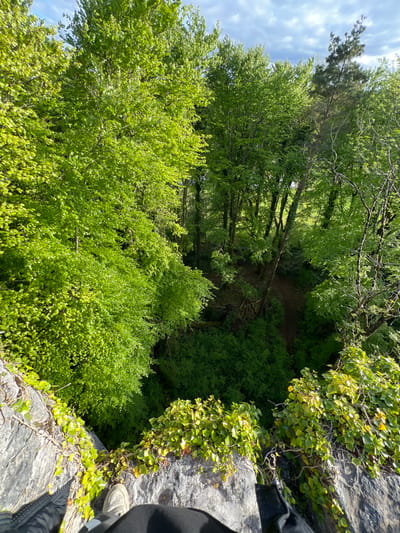 A high-angle shot from a rocky precipice in Knockaunbaun, Ireland. Below, a wooded area with dense green foliage and a path bisecting it. The rocky edge is covered with vines. The corner of a shoe and a black jacket edge into the frame on the right side of the photo, likely belonging to the photographer. The sky is visible through the trees at the top left of the frame.