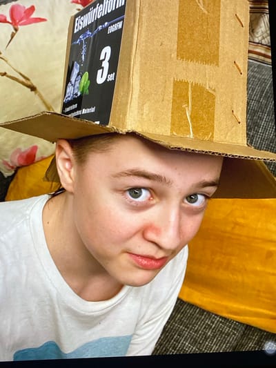A young person wears a makeshift hat crafted from a cardboard box that has been cut and folded. The box has printed text and images on it, including the words "EISWÜRFELFORM" and the number "3". The hat has a wide brim made of corrugated cardboard. The person has light skin, light brown hair, and green eyes. They are wearing a white t-shirt. The background appears to be indoors, with a floral patterned fabric visible to the left and a yellow fabric to the right. There is no indication of the city of Purkersdorf, Austria within the image.