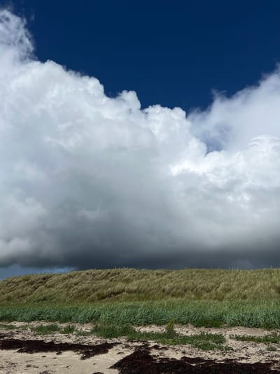 The image shows a dramatic sky over a coastal landscape in Dunuisce, Ireland. The sky is split between a deep, dark blue on the left, filled with large, fluffy white clouds, and a darker, overcast sky on the right. The clouds appear dense and potentially foreboding, creating a stark contrast with the bright blue.
The foreground is a sandy beach with dark, dried seaweed scattered across it. To the left of the beach is a grassy dune, covered in tall, windswept grass and some smaller green vegetation. The dune slopes upwards and to the right, away from the viewer. A thin, dark line of what appears to be small fence posts or stakes runs along the top of the dune.
The overall impression is one of a dynamic and changing weather system, possibly a storm approaching or passing. The intense contrast between the bright clouds and the dark sky, combined with the rugged coastal environment, suggests a powerful natural scene. The time of day is not clearly indicated, but the light suggests it could be midday or late afternoon. No people or objects other than natural elements are visible. There is no visible text in the image.