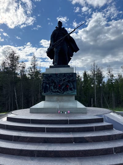 This image captures a monument in Spasskaya Polist', Russia, dedicated to soldiers. The central feature is a large, dark bronze statue of a soldier standing tall, holding a rifle. Below this main figure, a relief sculpture depicts a group of soldiers in combat. The monument is situated on a tiered, dark granite base, with several curved steps leading up to it. A few small flowers, one pink and two white, are placed on the base of the monument. The background consists of a dense forest of tall, thin trees, with a sky filled with dramatic clouds overhead. The overall scene is somber and commemorative, set against a natural backdrop.