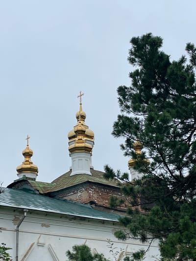 The image shows a view of the domes of a church, partially obscured by a large evergreen tree in the foreground. The domes are golden and topped with crosses. The church appears to be made of brick and has a green roof. The sky is overcast. The image's location in Кстинино, Russia, is noted, suggesting this is a depiction of a religious building in that area.