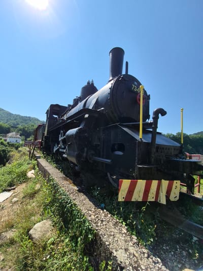 An eye-level, medium shot captures a stationary, black steam locomotive parked on railway tracks under a clear blue sky in Jablanica, Bosnia and Herzegovina. The locomotive, bearing the number "73-018" on its front, is weathered and appears to be an exhibit or decommissioned. The front of the locomotive features a prominent smokestack and yellow bollards. A red and yellow striped buffer beam is visible at the very front. To the left of the train, a red sign with white lettering reads "ZABRANJEN PUSTOJ OBANO PO ZNOT," indicating a restricted area. Adjacent to the sign, a red metal railing leads to a small, red-roofed structure. The train is positioned on a raised trackbed lined with a concrete barrier overgrown with green ivy and grass. The surrounding environment consists of lush green vegetation, rocky terrain, and a hillside with scattered white houses in the distance. The sun is visible in the upper left corner of the image, casting a bright light and creating lens flares.