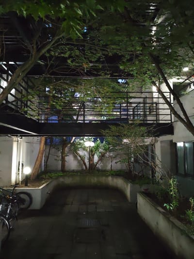 The image depicts an outdoor courtyard at night, likely in Sapporo, Japan. The scene is dominated by lush green trees and foliage, with their branches extending over a multi-level structure. A dark metal walkway or balcony runs horizontally across the upper portion of the frame, supported by beams. Below this, the courtyard floor is paved with square tiles, and a raised planter box lined with concrete borders the space.
Several trees are planted within the courtyard, their trunks varying in thickness and texture. Two prominent light fixtures, resembling globes on posts, illuminate the area, casting a soft glow on the surroundings. To the left, a bicycle is parked, its wheels and frame clearly visible in the dim light. The architecture suggests a modern building, possibly a residential or commercial space, with concrete walls and windows visible in the background.
The time of day is clearly night, indicated by the artificial lighting and the dark sky. The weather appears calm, with no visible signs of rain or wind. The overall mood is tranquil and somewhat serene, with the interplay of light and shadow creating a sense of depth and mystery. No people are visible in the image, and there is no visible text. The location context is Sapporo, Japan, which is consistent with the architectural style and the presence of deciduous trees often found in such climates.