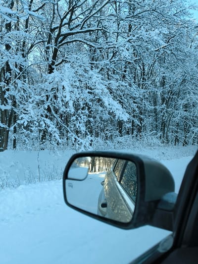 A view from inside a car shows a winter landscape. Snow-covered trees fill the background. The side mirror reflects a snowy road with trees, suggesting the car is moving or parked on a road. The scene is bathed in cool, bluish light, typical of winter days. The mirror and car interior are in sharp focus, while the background is slightly blurred.