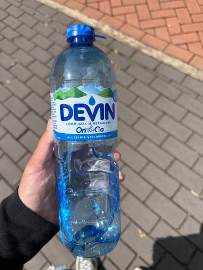 A person holds a water bottle of Devin brand. The bottle is clear with a blue cap and a white label featuring a mountain landscape. "Devin" is prominently displayed on the label along with text in a foreign language and "On the Go." The bottle is approximately half full. The person's hand is visible, holding the bottle against a background of gray brick pavement and a partial view of shoes.