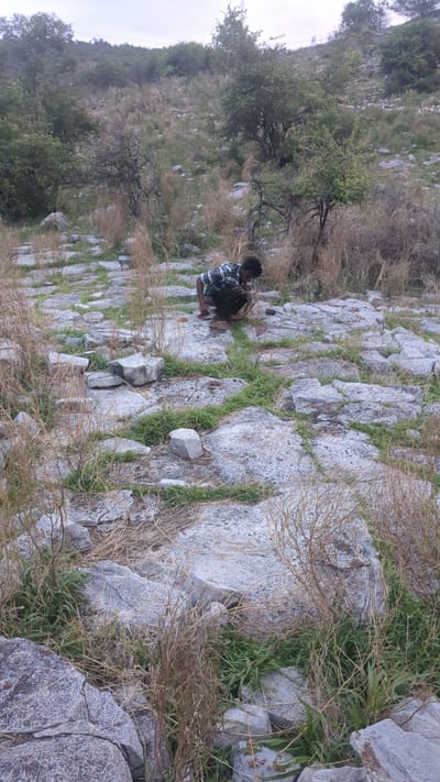 The image depicts a rocky, overgrown terrain, likely in Gollagutta, India. A young man, wearing a green and black plaid shirt and dark pants, is crouched on the ground. He appears to be examining or interacting with something small on the rocky surface. The environment is characterized by large, grey rocks interspersed with dry grass and sparse green vegetation. Trees and shrubs are visible in the background, with a gentle slope rising towards them. The sky is overcast, suggesting a muted lighting condition. The overall scene conveys a sense of natural, rugged landscape.