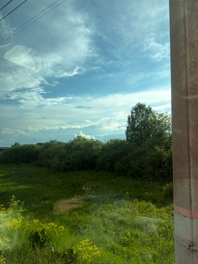 The image shows a view from what appears to be a vehicle or a building. The sky is visible, with a mix of blue and white clouds. A concrete structure with a red stripe is at the top of the image, partially obscuring the view. Below, there is a line of trees and a grassy area. Some yellow flowers are visible amidst the green vegetation. Power lines are crossing the sky. The location is likely near a road or railway, given the vegetation and the presence of power lines. Given the prompt, this is in Minderevo, Russia.
