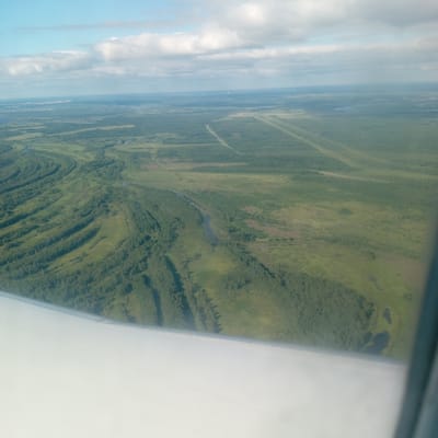An aerial view captures a vast expanse of green landscape dominated by forests and winding rivers. The terrain is characterized by gentle slopes and natural curves, suggesting a relatively untouched natural environment. In the distance, hints of human infrastructure appear as straight lines cutting through the greenery, possibly roads or power lines. The sky above is a mix of blue and white clouds, indicating fair weather conditions. The lower part of the image is obscured by the wing of an aircraft, which is largely white and smooth, with a thin, dark line running across its surface. There are no people or animals visible in the image. The scene depicts a rural or wilderness area, likely outside of dense urban settlements, as suggested by the unbroken tree cover and the absence of prominent buildings or roads. Given the description of Shishkina, Russia, this landscape aligns with the typical natural scenery found in many parts of the country, characterized by extensive forests and meandering waterways.