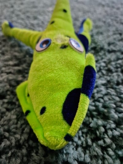 A green stuffed toy with blue polka dots lies on a textured, teal-colored carpet. The toy appears to be a creature with large, cartoonish eyes and outstretched limbs. Its body is elongated, and it has several dark blue spots. One arm is bent upwards, revealing a blue band on its forearm. The carpet's fibers are thick and create a fuzzy surface. The image is taken from a slightly elevated, angled perspective, with the toy positioned diagonally. The background is blurred, focusing attention on the toy.
