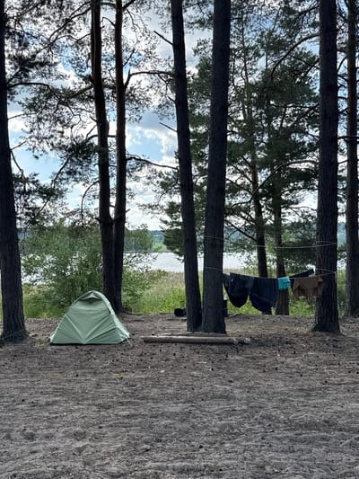 A campsite is set up on a sandy area surrounded by tall pine trees, with a lake and vegetation visible in the background. A green tent is pitched to the left of the frame, and a clothesline strung between two trees displays several items of laundry, including dark-colored pants and a lighter brown shirt. The ground is covered in sand with scattered pine needles and cones. The sky is partly cloudy. The location is Portovoe, Russia.