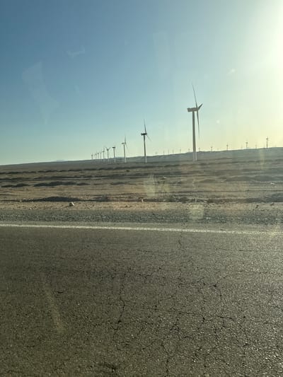 The scene shows a wind farm located in Gharib Cape, Egypt, viewed from a vehicle traveling along an asphalt road. The road, marked with a white line, occupies the foreground and right side of the frame. A barren landscape extends towards the horizon, dotted with numerous wind turbines. The turbines decrease in size with distance. The sky is a gradient of light blue to light yellow near the horizon. The image is taken at an angle from the side of a vehicle, with reflections visible on the glass.