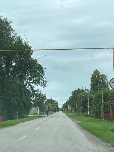 This image shows a straight, paved road leading into the distance, presumably in or near the city of Nadezhdino, Russia. The road is bordered by lush green trees and grass on both sides. A yellow horizontal bar stretches across the frame, possibly part of a gate or overhead structure. In the distance, a few buildings and utility poles are visible. A speed limit sign showing "40" is present on the right side of the road. A single person is walking on the right side of the road. The sky is overcast with a cloudy, light gray hue.