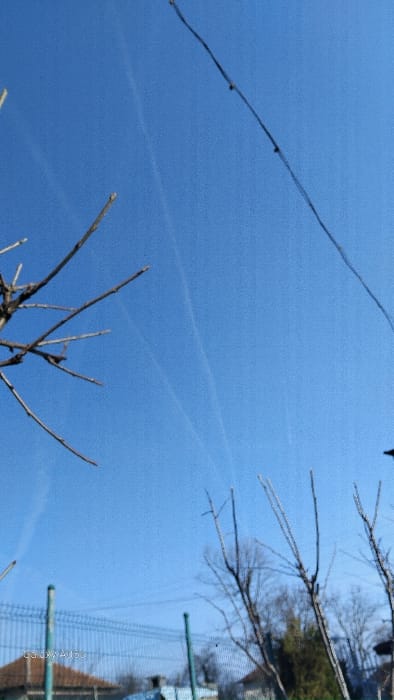 The scene depicts an outdoor environment in Oreshene, Bulgaria, under a clear, vibrant blue sky. Several prominent white contrails, consistent with aircraft vapor trails, are visible diagonally across the upper portion of the sky. In the foreground, bare, leafless tree branches extend into the frame from the left and right sides. A green metal mesh fence, supported by two visible green posts, spans horizontally across the lower mid-ground. Behind this fence, portions of residential structures are visible, including a brown-tiled roof on the far left and a building with a light-colored roof further to the right, intermingled with additional bare trees and foliage. No individuals, specific actions, or interactions are present within the captured frame.