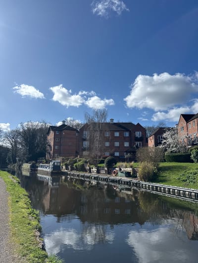 An outdoor scene depicts a section of a canal in Wyre Forest, United Kingdom, on a bright, sunny day. The sky is clear blue with scattered white cumulus clouds, which are reflected in the calm, dark canal water.
To the left, a gravel towpath borders the canal, lined with short green grass. Two narrowboats are moored along this bank in the mid-distance.
The right side of the canal is lined with an elevated, grassy bank featuring several multi-story brick residential buildings with dark roofs and numerous windows. Some buildings include balconies. The landscaping on this bank consists of green grass, various shrubs, and trees. A prominent bare birch tree stands in the center foreground of the right bank, with other trees including one with white blossoms visible further right. Yellow daffodils are scattered on the grass. A small wooden gazebo is visible among the vegetation near the central building. The canal edge on this side is reinforced with wooden pilings, and a white lifebuoy with orange trim is affixed to a pole near a small, light-colored moored boat or pontoon. No individuals are present in the scene.