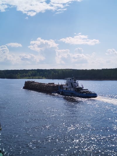 A barge laden with timber logs is being towed along a waterway by a tugboat in the city of Popovo, Russia. The water surface reflects sunlight. A green forest is visible in the background along the shoreline. The sky has blue patches and white clouds.