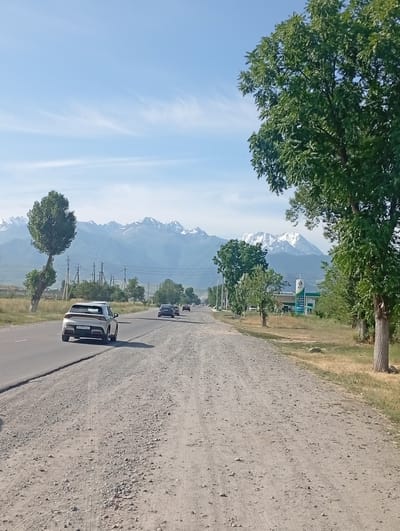 The image shows a road in the city of Tash-Moinok, Kyrgyzstan, with a mountainous landscape in the background. The road is paved and has two lanes. Several cars are visible on the road, moving in the same direction. On the right side of the road, there is a gas station with a sign that reads "PETROLEUM". There are trees and vegetation on both sides of the road. The sky is clear and blue with some clouds. The overall scene depicts a sunny day in a semi-rural area.