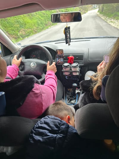 The image provides an interior view of a car, likely a Volkswagen due to the "VW" logo on the steering wheel, traveling on a narrow, paved road in Borinovo, Bulgaria. The perspective is from a rear passenger seat, looking towards the front.
In the driver's seat, a person wearing a pink long-sleeved top and a dark, fuzzy vest or jacket holds the steering wheel. To their right, in the front passenger seat, a person with blonde/brown hair is engrossed in their smartphone. A smiling adult face is reflected in the rearview mirror, suggesting a relaxed atmosphere.
The car's dashboard features a smartphone mounted in a holder, displaying what appears to be a video or social media feed. Below this, a cup holder contains two white cups. A red artificial flower is decoratively placed in an air vent, and the gear stick for a 6-speed manual transmission is visible. Further back, in a passenger seat, a person wearing a dark blue jacket is seen resting or sleeping.
Outside the vehicle, a winding road surrounded by green grass and trees indicates a rural or semi-rural setting. The bright natural light suggests it is daytime. The scene depicts a journey with multiple occupants, some engaged with devices, others resting.