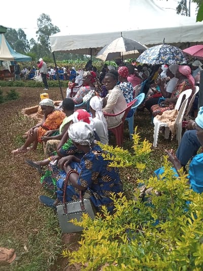 A large group of people, mostly women, are seated on chairs outdoors. Some hold umbrellas for shade. They appear to be gathered for an event under a white tent in a rural setting. Lush green vegetation surrounds the gathering. The clothing is colorful and varied. A tree with vibrant yellow leaves is situated near the seated group.