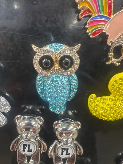 The image shows a collection of jeweled charms against a dark, reflective surface. In the center is a blue and gold jeweled owl with black eyes. To the right of the owl is a yellow jeweled duck. At the bottom of the image are two silver charms shaped like teddy bears, each with a circular emblem on its chest that reads "FL". In the upper right corner, a colorful jeweled rooster is partially visible. The charms are likely displayed for sale in a retail setting, possibly a gift shop or jewelry store. The location is identified as Lake City, United States.