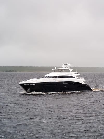 The image depicts a black and white yacht moving across a body of water. The sky is overcast, suggesting a gray or rainy day. The yacht is the primary subject, with a sleek design and multiple levels. A line of trees is visible in the background, suggesting a shoreline. The location in the city of Gorushka, Russia, cannot be definitively confirmed from the visual information.