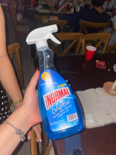 The image shows a hand holding a blue spray bottle of "The Normal Original" glass cleaner. The label also reads "Streak-Free Shoots! DRINK WITHOUT PAIN" and includes "Embrace the Bitch" and "1984." The person is wearing a silver bracelet with a round charm and a gold wristwatch. They are sitting in a wooden chair, and they are wearing a black and white polka dot outfit. In the background, there is a wooden table with a red plastic cup, glasses, and other objects. There are also other chairs and people in the background. The image location is not specified, and Santa Cruz Tehuixpango, Mexico, is not mentioned.
