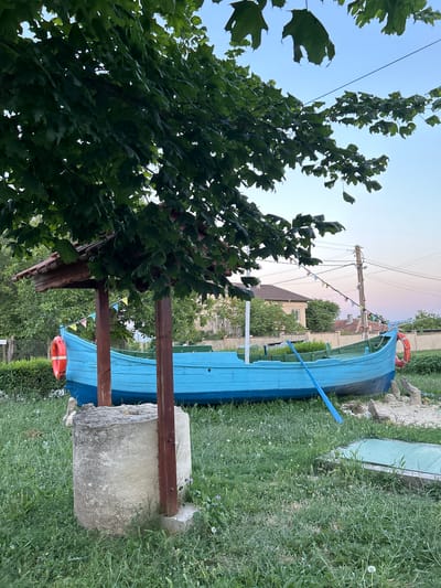 The image depicts an outdoor scene in Slanchevo, Bulgaria, featuring a bright blue wooden boat placed on land, resembling a decorative installation. The boat is oriented horizontally and is approximately half-submerged in what appears to be sand and grass. A wooden structure with a tiled roof is positioned over the front section of the boat, supported by two thick wooden posts. Dangling from the roof are colorful triangular flags.
To the left of the boat is a cylindrical concrete structure, possibly a well or a base for the wooden shelter, with two wooden posts extending upwards. The boat is equipped with two orange life preservers, one on each end, and a single oar is visible inside the boat, angled towards the right. The surrounding environment consists of lush green grass with scattered dandelions and small purple flowers. In the background, a stone fence runs horizontally, and behind it are houses with tiled roofs and trees. Overhead, a tree with large green leaves extends into the frame from the top left, partially obscuring the sky. A power line is visible stretching across the upper right portion of the image, supported by a utility pole. The sky shows a gradient of colors, suggesting either dawn or dusk. No people are present in the scene.