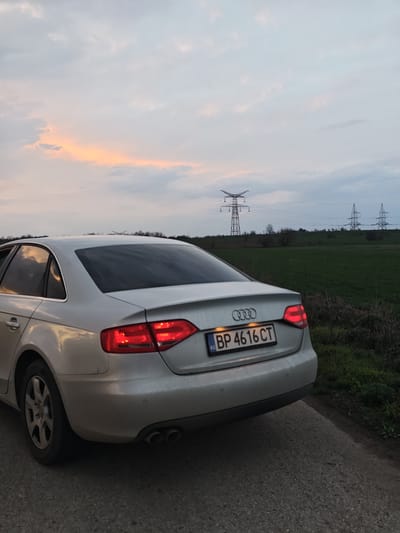 A silver Audi sedan, likely an A4, is depicted from its rear three-quarter angle, parked stationary on the right side of a single-lane paved road. Its taillights are illuminated red. The Bulgarian license plate reads "BP 4616 CT." The car's rear bumper features visible parking sensors and dual exhaust pipes on the left. The rear window is tinted. To the right and extending into the background are expansive green fields, with a sparse treeline visible further back. Multiple large metal lattice transmission towers (power pylons) carrying power lines span the distant landscape; the most prominent pylon is situated towards the left-center background. The sky above is largely overcast with an orange and pink glow visible on the horizon towards the left, indicating dusk or sunset. No individuals are present in the scene. The setting is a rural or semi-rural area near Gorni Tsibar, Bulgaria.