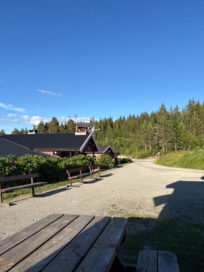 This is a photograph of an outdoor area in Vinstra, Norway, featuring a red building with a black roof, several wooden benches, and a picnic table in the foreground. The building appears to be a restaurant or a similar establishment, with a chimney and a distinctive weather vane on its roof. Lush green bushes with pink flowers are in front of the building. A gravel path leads away from the building into a dense forest of pine trees. The sky is a clear blue with a few wispy clouds. The overall impression is one of a peaceful, natural setting.