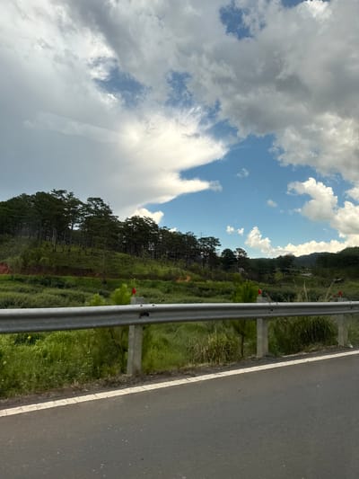 The image shows a roadside view in Đa Bla, Vietnam, with a highway guardrail in the foreground. Beyond the guardrail, a lush green hillside is covered in dense vegetation and a line of tall pine trees. The sky above is a mix of dramatic white and gray clouds against a vibrant blue backdrop. The road surface is asphalt with a white line marking the edge. The scene appears to be captured from a moving vehicle.