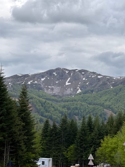 A mountain partially covered in trees and some snow patches under a cloudy sky. The location is Katun Bačko brdo, Montenegro. Some pine trees appear in the foreground on the right. A white building with a window is visible among the trees. Also on the right, there are some trail signs.