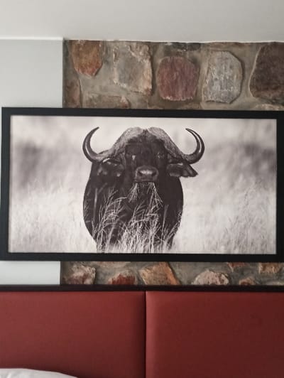 A framed, black and white print of a wildebeest head is positioned between a wall of stonework and a padded, red-brown headboard. The wildebeest is depicted with its curved horns prominently displayed against a blurred background. The stonework wall features stones in varied shades of gray and brown, while the headboard presents a smooth, uniform surface with horizontal seam detail.