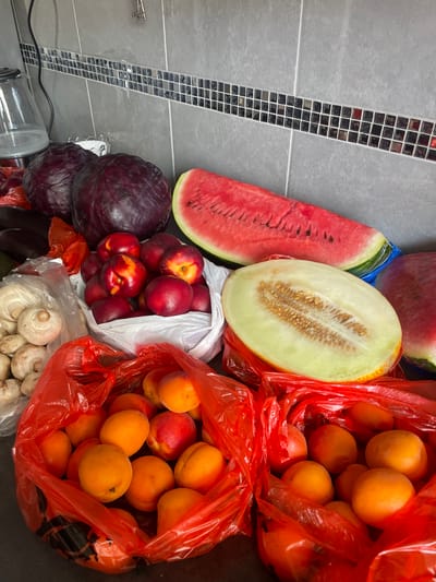 The image shows a still life of various fruits and vegetables displayed on a countertop, with a tiled backsplash behind them. The items include two red cabbages, a pile of nectarines in a white plastic bag, a bag of mushrooms, slices of watermelon, a halved melon, and two red plastic bags filled with apricots. The background consists of a grey tiled wall with a decorative mosaic border. A glass kettle is partially visible to the left. The overall impression is of a grocery haul, likely from a local market or shop. No specific landmarks or indications of Vénissieux, France are visible in the image.