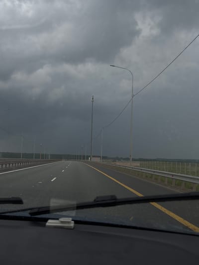The image captures a view from inside a moving vehicle, looking out onto a highway under a heavily overcast sky. The scene is dominated by dark, dense grey clouds that blanket the entire sky, suggesting imminent rain or stormy weather. The asphalt road appears damp or wet, reflecting the dim light and indicating recent precipitation or high humidity.
The highway features multiple lanes, with a solid yellow line marking the left edge of the carriageway and dashed white lines separating lanes further to the right. A metal guardrail runs along the left side of the road, extending into the distance. Beyond the guardrail, numerous tall poles, likely serving as streetlights or utility masts, line the highway, stretching towards the horizon. In the far distance, a thin strip of green vegetation, possibly trees or fields, is visible beneath the dark sky.
On the far right side of the image, a portion of the vehicle's interior is visible, including a dark door frame or pillar and a metallic latch-like object, suggesting the photo was taken from the passenger side. The overall impression is one of a gloomy, overcast day while traveling on a highway. No discernible text is visible in the image. The setting is consistent with a highway environment in Krasnoufimsk, Russia, as provided.