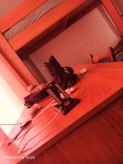 This is a medium-shot, eye-level photograph taken indoors, likely in a bedroom. The image is dominated by warm, reddish tones due to the lighting. The foreground features a wooden surface, possibly a desk or shelf, on which several objects are placed. These include a black phone stand, white charging cables, a white USB charging brick, a small pouch or bag with what appear to be round, light-colored items on top, and a white earbud case.
Behind the wooden surface, a structure with wooden beams and a patterned fabric insert is visible, suggesting it might be part of a bunk bed or a loft bed. Further in the background, a plain wall can be seen. To the right, another wooden structure, resembling a chair or part of a bed frame, is present. The overall impression is one of a personal space, possibly a dorm room or a child's bedroom.
The timestamp in the bottom left corner indicates the date is July 2, 2026, at 7:25 PM. The lighting and the timestamp suggest it is evening. No people are visible in the image. The objects present suggest activities related to charging devices, organizing personal items, and potentially using a phone. The mood conveyed is neutral, with the warm lighting adding a slight cozy or intimate feel. No weather cues are available. The location is identified as Chany, Russia.