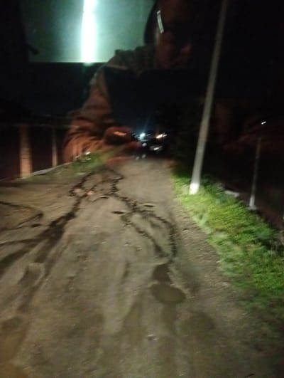 The image depicts a person seen from behind, looking down at a laptop. The setting is a dark, rural road, likely in Chigiri, Russia, as indicated by the context. The time of day is night, with artificial light from the laptop illuminating the person's face and casting shadows on the road. The road itself appears to be unpaved and in disrepair, with visible cracks and puddles, suggesting recent rain or poor maintenance. Grassy verges flank the road, with a prominent white pole or utility post standing on the right side. The overall mood is somewhat solitary and focused, given the person's engagement with the laptop in the dimly lit environment. There is no visible text in the image.