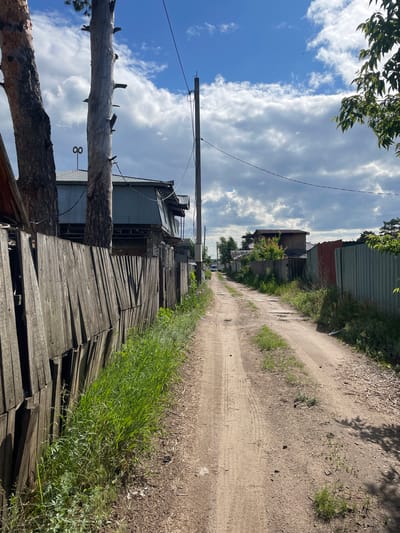 This image depicts a dirt road in Vasilevka, Russia, under a partly cloudy blue sky. The unpaved road, showing tire tracks, extends into the distance, bordered by fences and structures on both sides. On the left, a weathered wooden fence runs along the roadside, with tall green grass growing between it and the road. Behind the fence, several buildings with corrugated metal roofs are visible, along with two prominent tree trunks, one appearing bare. A metallic, infinity symbol-shaped ornament is visible on a rooftop in the mid-ground on the left. Utility poles and power lines traverse the scene. On the right, various fences, including sections of green and reddish-brown corrugated metal, line the road. Beyond these fences, additional houses or structures, partially obscured by green vegetation and trees, are visible. A white vehicle is faintly discernible in the far distance on the right side of the road. A tree branch with green leaves extends into the upper right corner of the frame. The scene is brightly lit by natural sunlight, casting discernible shadows. No individuals are present.