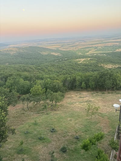 The image depicts a scenic view from an elevated vantage point, likely in or near Pobeda, Bulgaria. In the upper portion of the frame, a pale yellow moon is visible in a sky transitioning from a soft pink to a light blue. Below the sky, a vast landscape unfolds, characterized by rolling hills covered in dense green forest. Beyond the forest, agricultural fields stretch into the distance, appearing as a patchwork of lighter and darker tones.
In the foreground, there is a grassy area with several young trees planted in circular tire planters. Some of these trees are quite small, while others are slightly larger. The ground in some areas is covered in dry, light brown grass, interspersed with greener patches. Towards the right side of the foreground, there are two modern outdoor lamps mounted on a pole, attached to a metal railing. The railing and a portion of what appears to be a building's exterior are visible on the far right edge of the image. The overall impression is a tranquil, rural or semi-rural setting with elements of both natural beauty and human presence.