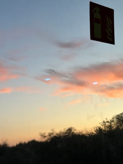 The image depicts a scene in Федькино, Russia, at dusk or dawn, with a sky filled with pink-tinged clouds. The edge of a forest is visible in the background. A sticker with a symbol of a fire extinguisher is affixed to a white surface, possibly a vehicle or building, in the foreground.