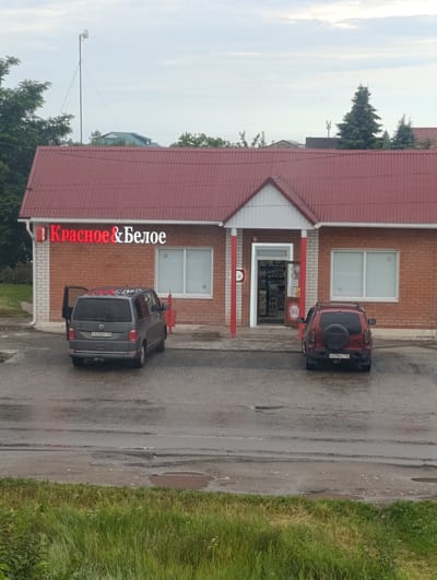 A brick building with a red corrugated metal roof houses a "Красное & Белое" store. The sign above the entrance is illuminated in red and white. Two vehicles are parked in front of the store on a wet, potholed asphalt surface. On the left is a grey Volkswagen van with its driver's side door open. On the right is a red SUV with a spare tire mounted on the rear. The store entrance is open, revealing shelves stocked with goods. The scene appears to be set during the daytime, with an overcast sky suggesting possibly cloudy or rainy weather. Tall green grass and trees are visible in the foreground and to the sides of the building, indicating a rural or suburban setting. The license plate of the van is partially visible as E522BP 134, and the SUV's license plate is partially visible as K278HC 134. The building also has a white and red striped awning over the entrance.